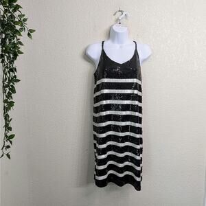 Alya Francesca's Black White Striped Sequin Mini Dress Cocktail Party Strappy S